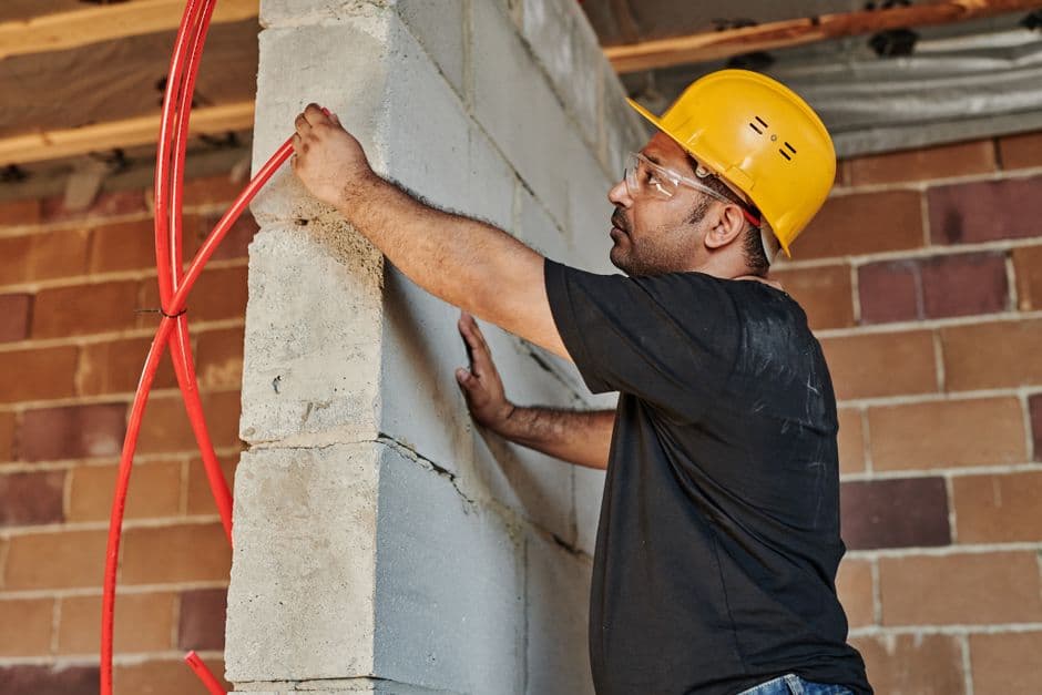 Construction worker in a hard hat and safety glasses fitting an interior block wall on site