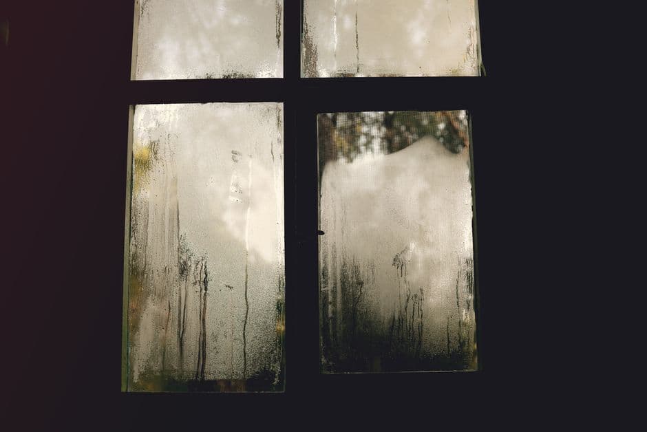 Heavy condensation and moisture streaking down the inside of a window in a humid home