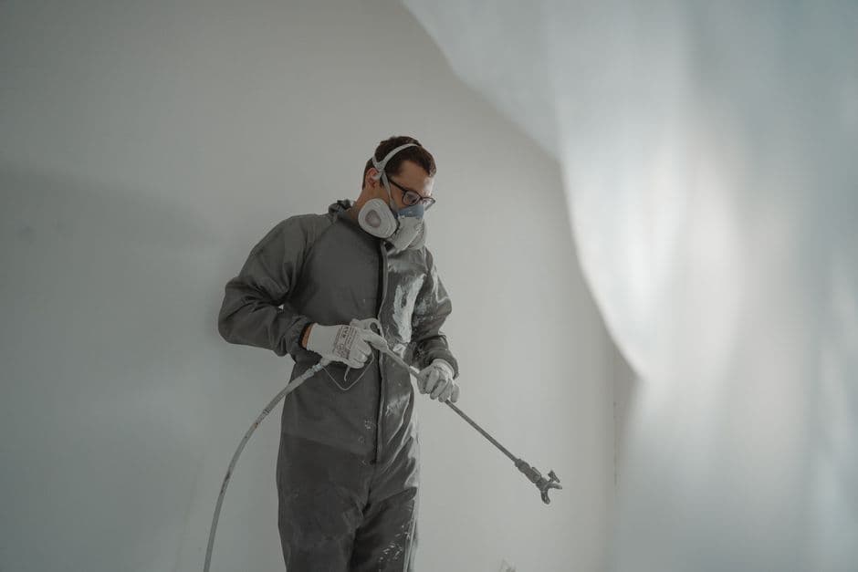 Spray foam applicator coating a wall with expanding insulation in a bright interior